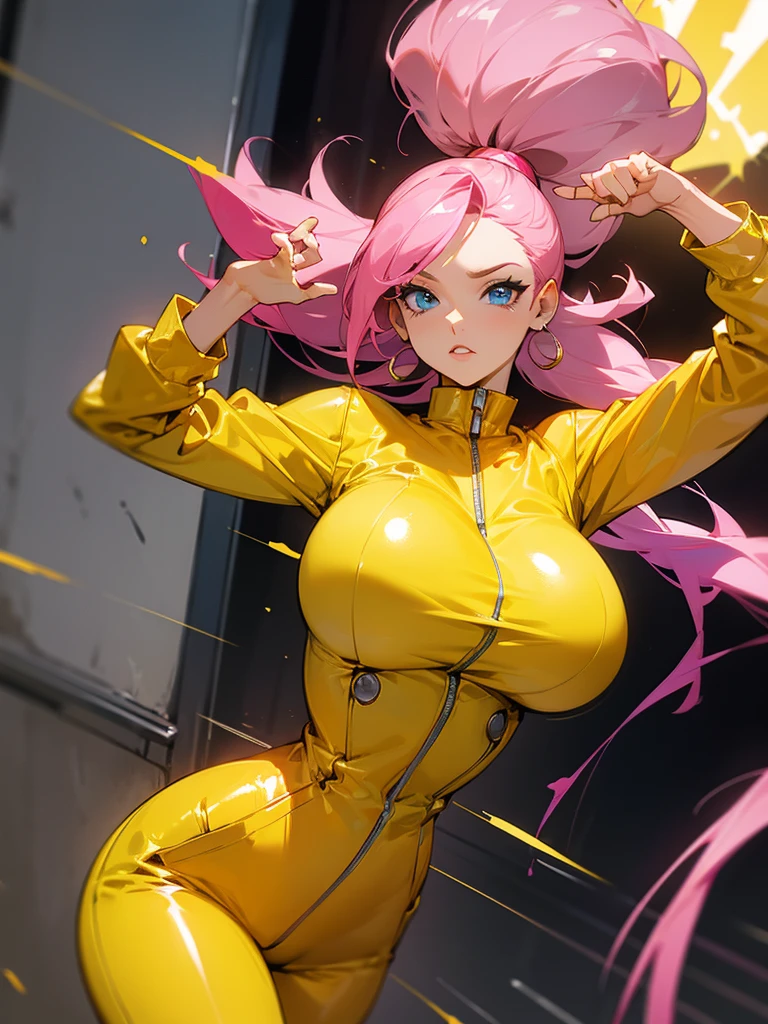 a mature woman , hero pose, big pink hair, shining blue eyes, wearing a mustard yellow jumpsuit. hero pose, big breasts35 years old, fleeing