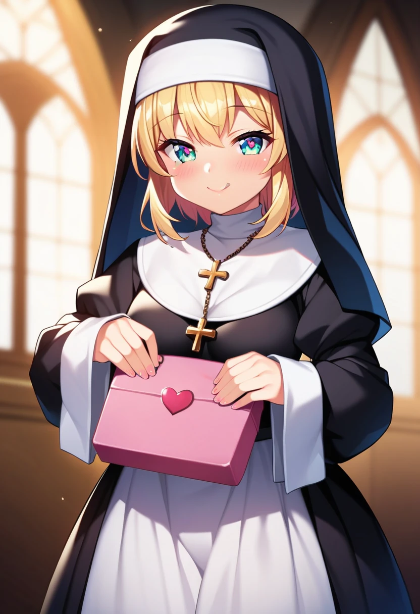 1 girl, futanari, tiny girl, young girl, mesugaki, mesugaki smile, Nuns, nun's costumes, Long skirts, Teasing, naughty looks, heart eyes, A girl points to her own crotch, Focus on the girl, glossy skin, oily skin, Gravure, pinup, junior idols, Sound, Clothing, vigorous, Masterpiece:2, Top Quality, high Quality, Very Detailed, ultra  High Resolution, super High Resolution, Beautiful Detail, Dynamic angles, perfect lighting, 8k, Animation Style,  cartoon style, game cg, sfw, 