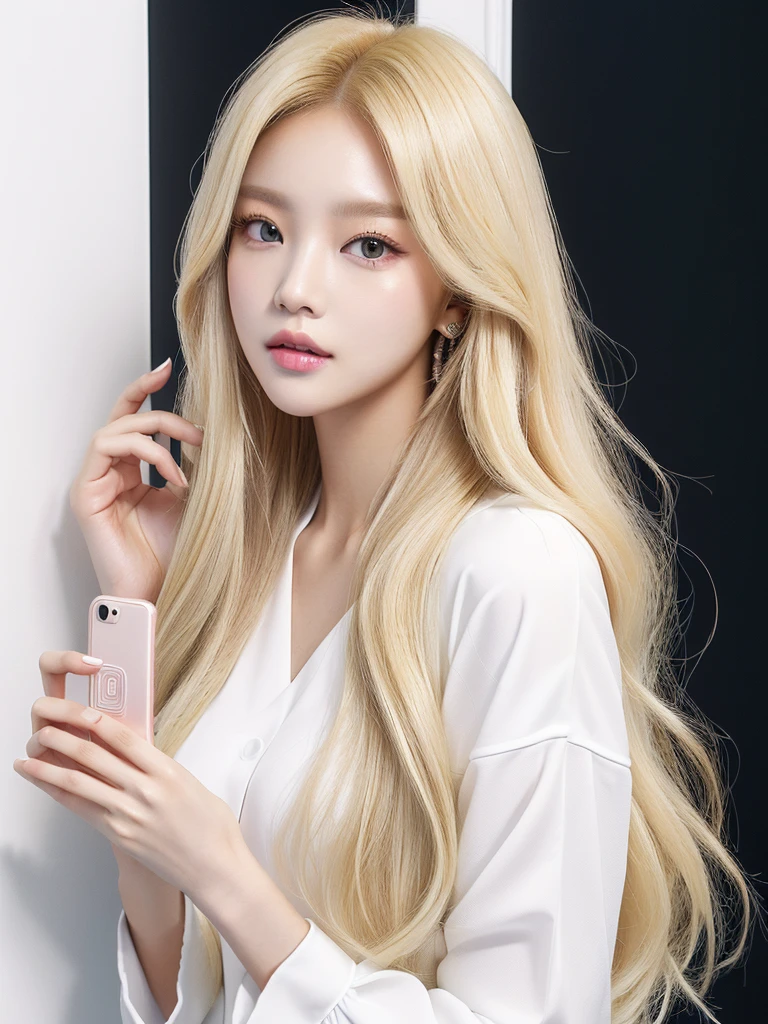 Long hair blonde woman holding white mobile phone., Portrait of Kim Petra, popular makeup in korea, Portrait of Blackpink Josh, Blackpink's Roseanne Park, Best Face, popular korean makeup, Brutal Korean Gothic Girl, Avamax, with long white hair, You need Yanjun Cheng for inspiration., beautiful dolphin, Taejin Kim