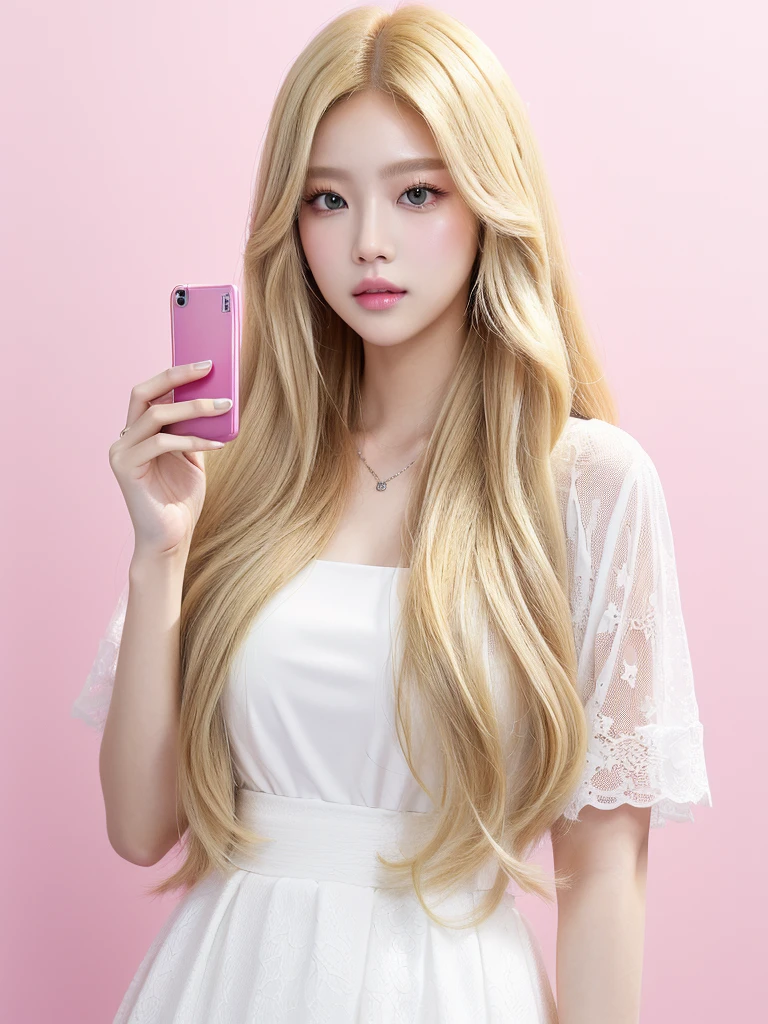 Long hair blonde woman holding white mobile phone., Portrait of Kim Petra, popular makeup in korea, Portrait of Blackpink Josh, Blackpink's Roseanne Park, Best Face, popular korean makeup, Brutal Korean Gothic Girl, Avamax, with long white hair, You need Yanjun Cheng for inspiration., beautiful dolphin, Taejin Kim