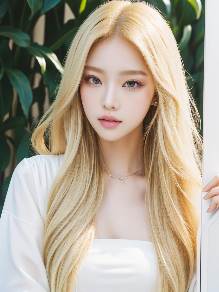 Long hair blonde woman holding white mobile phone., Portrait of Kim Petra, popular makeup in korea, Portrait of Blackpink Josh, Blackpink's Roseanne Park, Best Face, popular korean makeup, Brutal Korean Gothic Girl, Avamax, with long white hair, You need Yanjun Cheng for inspiration., beautiful dolphin, Taejin Kim