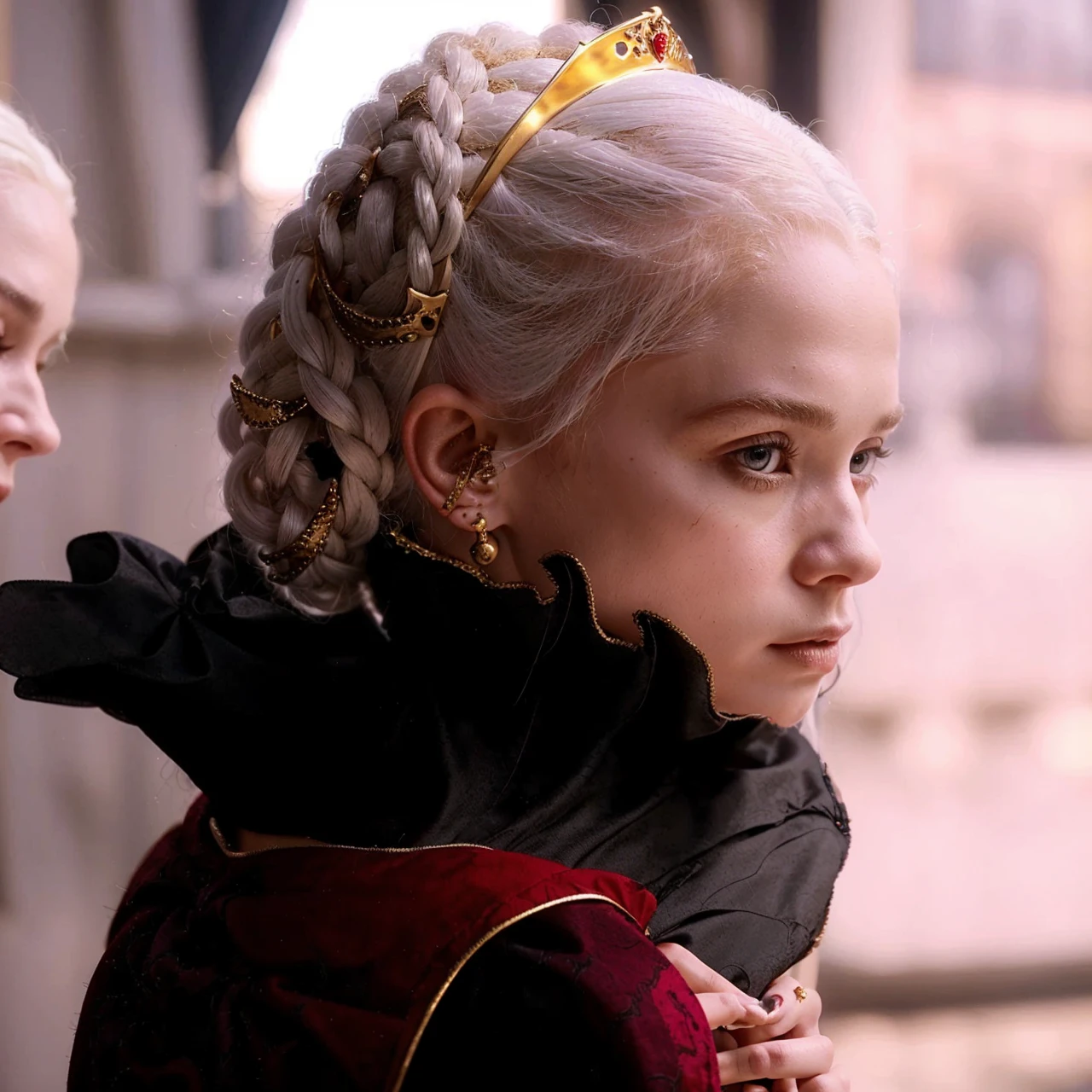 Beautiful albino woman with detailed braided medieval hairstyle (updo) (white hair), wearing detailed medieval gown (red and black colours), with gold accessories and gold tiara, medieval queen, medieval woman,queen,game of thrones style,daenerys targaryen style, high quality, very detailed,hd quality, masterpiece 