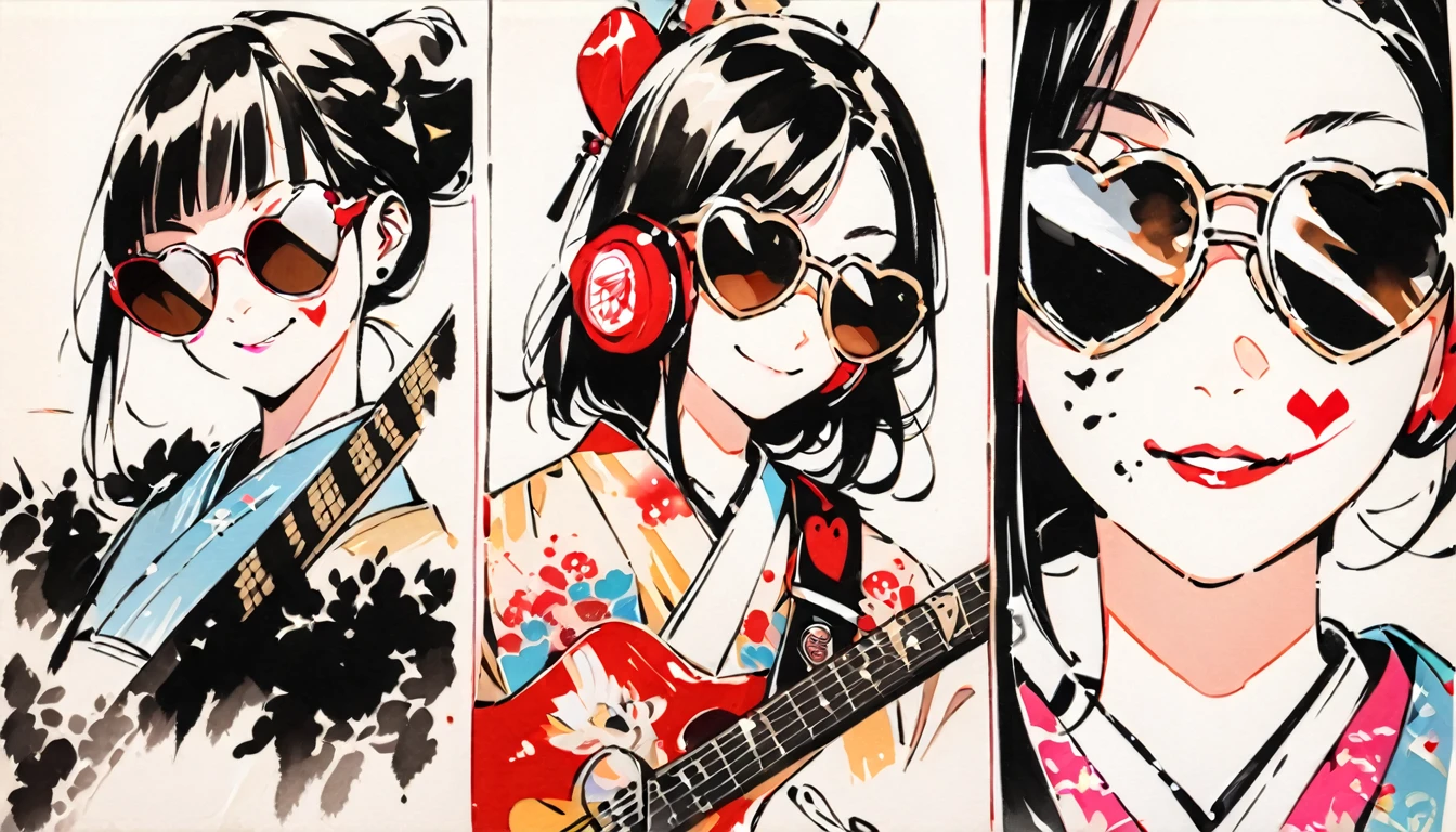 Fashion portrait color photos, (((Ink Painting))), (((1 girl))), (((Heart tattoo on face))), (((sunglasses))), Japanese style headphones, Japanese kimono beauty, Black Hair, smile, angel, guitar bass