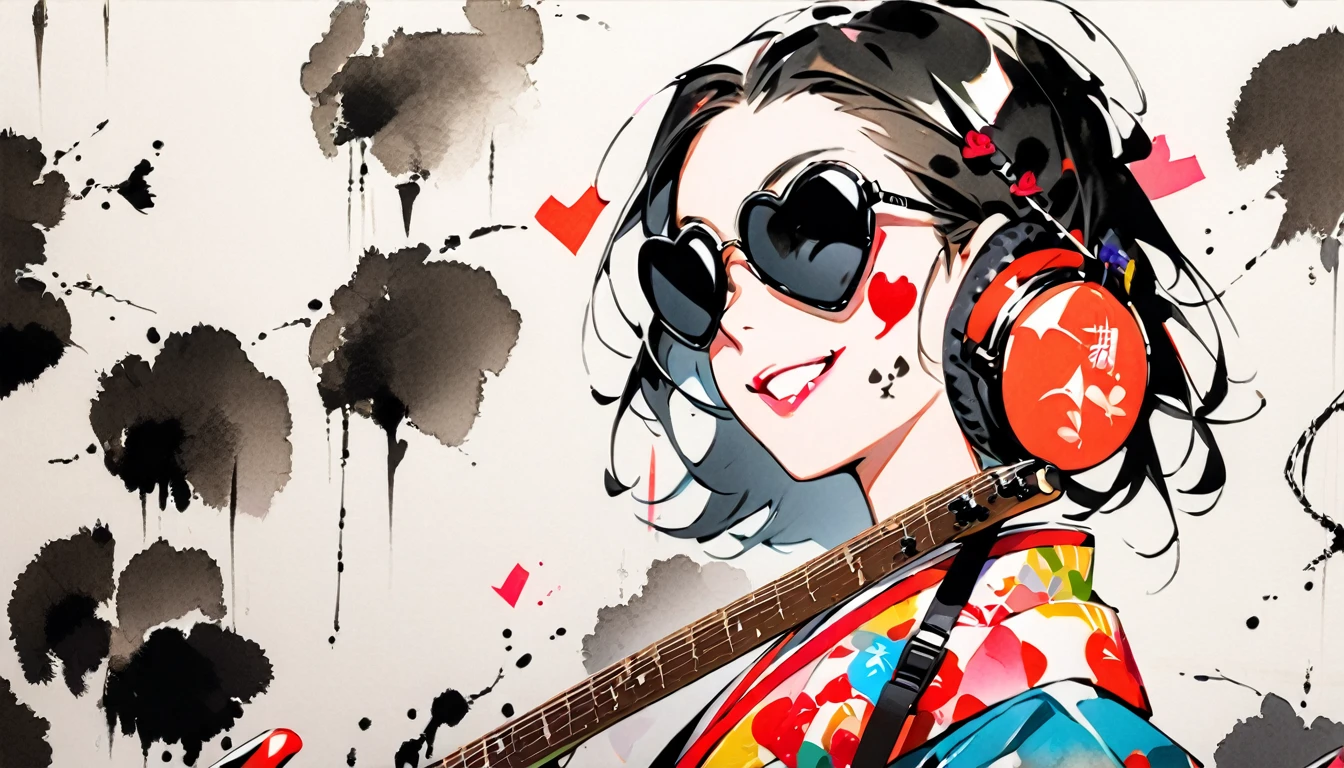 Fashion portrait color photos, (((Ink Painting))), (((1 girl))), (((Heart tattoo on face))), (((sunglasses))), Japanese style headphones, Japanese kimono beauty, Black Hair, smile, angel, guitar bass