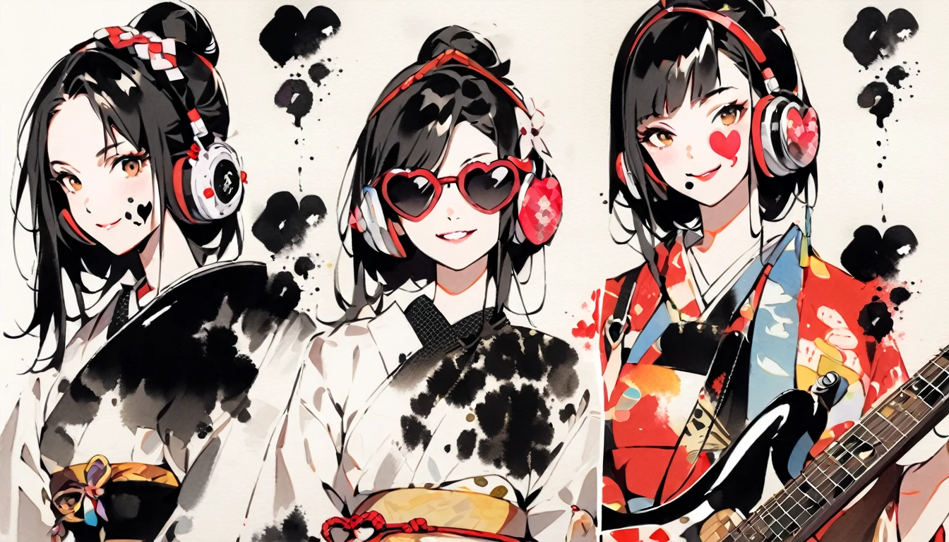 Fashion portrait color photos, (((Ink Painting))), (((1 girl))), (((Heart tattoo on face))), (((sunglasses))), Japanese style headphones, Japanese kimono beauty, Black Hair, smile, angel, guitar bass