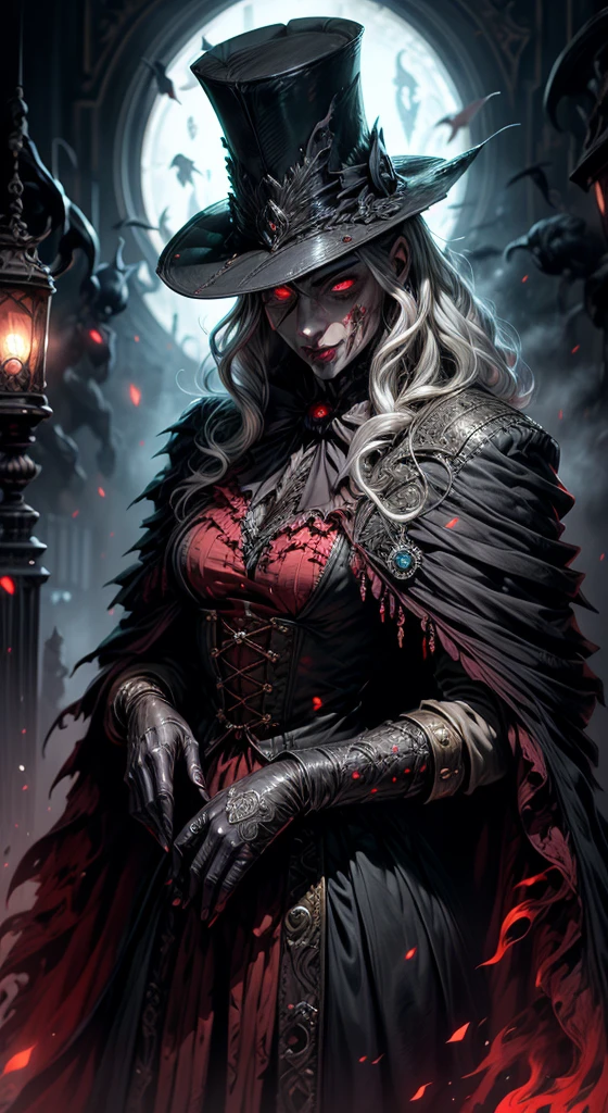 (comic,A high resolution,very well),(vampires),(((eerie glowing red eyes)))looks at the camera,Evil eyes in the shadows,clear facial features,(top hats),Vampire fangs exposed,Wear beautiful Gothic dresses,silver-haired,rosette,Skull decoration,The bats,The body is surrounded by a red mist,moonbeams,Royal temperament,Cinematomatic hoop light,The light is delicate,Masterpiece artwork,ultra - detailed,epic composition,super HD,high qulity,Majority,32 mil