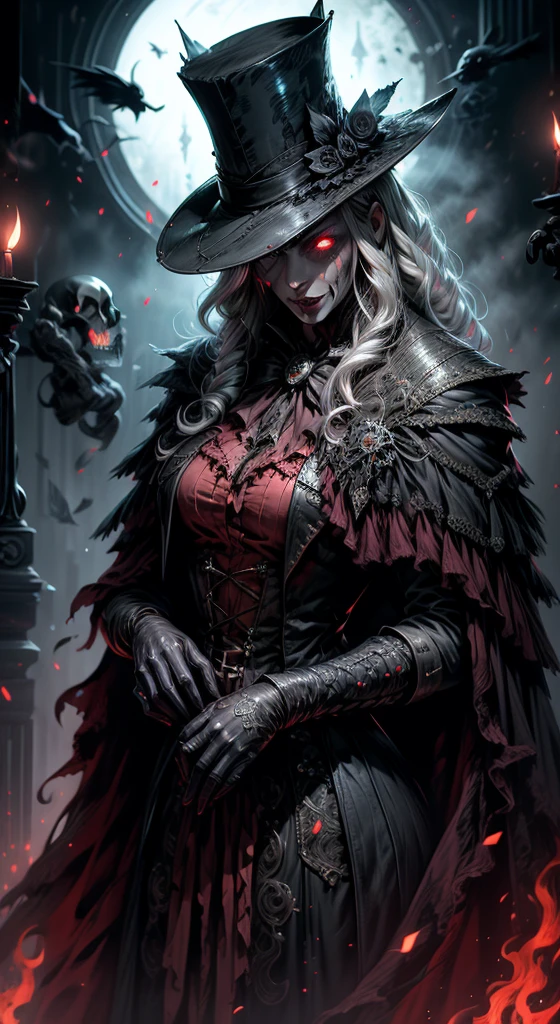 (comic,A high resolution,very well),(vampires),(((eerie glowing red eyes)))looks at the camera,Evil eyes in the shadows,clear facial features,(top hats),Vampire fangs exposed,Wear beautiful Gothic dresses,silver-haired,rosette,Skull decoration,The bats,The body is surrounded by a red mist,moonbeams,Royal temperament,Cinematomatic hoop light,The light is delicate,Masterpiece artwork,ultra - detailed,epic composition,super HD,high qulity,Majority,32 mil