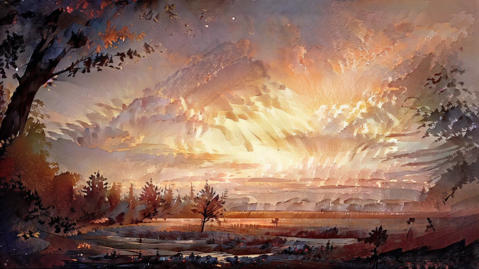 Illustration of a fox sitting in a field with trees and many leaves, Works inspired by Jakub Schikaneder, atmosphere. digital painting, Blurry and dreamy painting, low detail. digital painting, dreamlike digital painting, soft digital painting, Blurry and dreamy painting, Lost in a dreamy fairy landscape, Songs inspired by Gediminas Pranckevicius