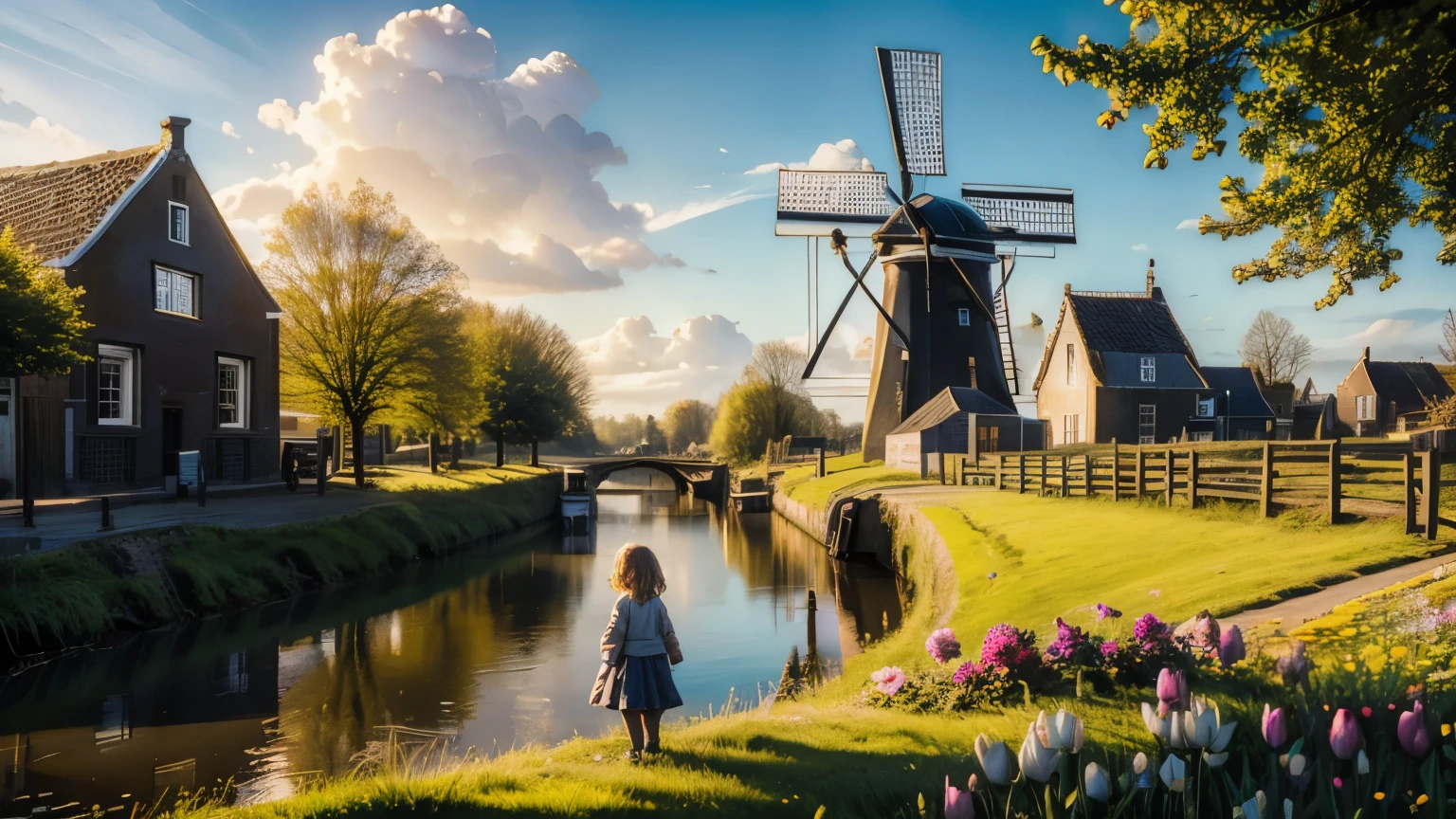 Dramatic lighting, sunny day, Dutch countryside in spring, sunbeams, children playing, canal and traditional windmill