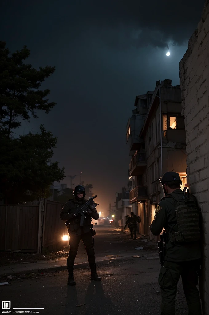Create a high-resolution image of a squad of black commandos on a night mission walking through a warzone area. The commandos should be in tactical gear with realistic textures and details, equipped with night vision goggles. The background should feature destroyed houses, tanks, and helicopters with a blurred effect to emphasize motion and chaos, similar to the effect in the provided image. Smoke should billow from various points in the scene to enhance the warzone atmosphere. Use realistic lighting to capture the eerie and tense environment of a nighttime mission, with subtle highlights and shadows to accentuate the details. Ensure the scene has a moonlit sky with scattered clouds, adding to the realism. The overall color tone should have a cool, dark palette to convey the nighttime setting, with the same gritty, intense atmosphere seen in the provided image.