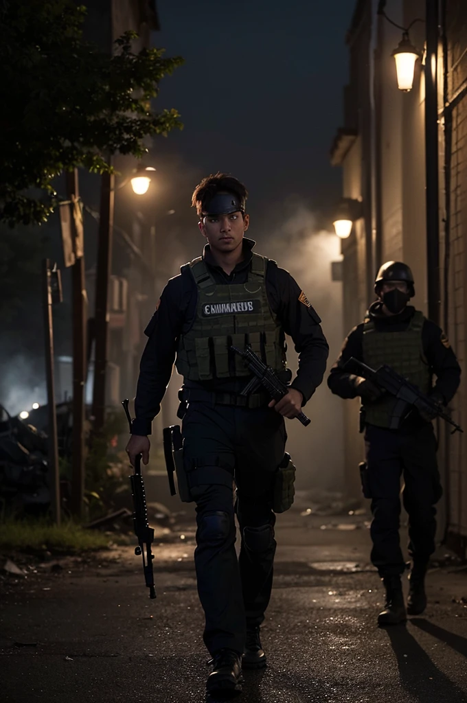 Create a high-resolution image of a squad of black commandos on a night mission walking through a warzone area. The commandos should be in tactical gear with realistic textures and details, equipped with night vision goggles. The background should feature destroyed houses, tanks, and helicopters with a blurred effect to emphasize motion and chaos, similar to the effect in the provided image. Smoke should billow from various points in the scene to enhance the warzone atmosphere. Use realistic lighting to capture the eerie and tense environment of a nighttime mission, with subtle highlights and shadows to accentuate the details. Ensure the scene has a moonlit sky with tered clouds, adding to the realism. The overall color tone should have a cool, dark palette to convey the nighttime setting, with the same gritty, intense atmosphere seen in the provided image.
