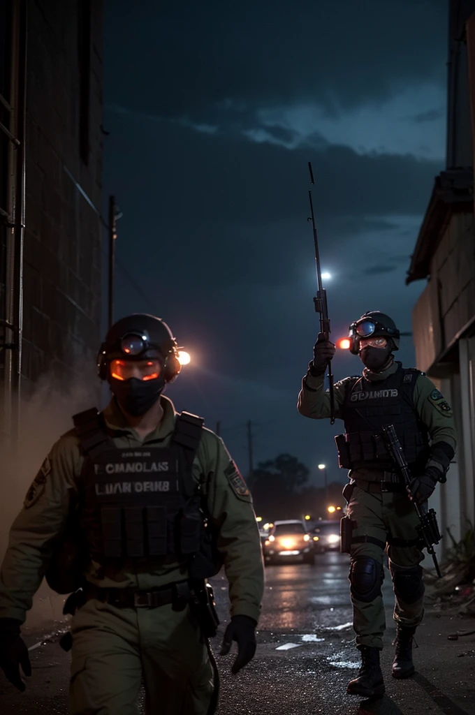 Create a high-resolution image of a squad of black commandos on a night mission walking through a warzone area. The commandos should be in tactical gear with realistic textures and details, equipped with night vision goggles. The background should feature destroyed houses, tanks, and helicopters with a blurred effect to emphasize motion and chaos, similar to the effect in the provided image. Smoke should billow from various points in the scene to enhance the warzone atmosphere. Use realistic lighting to capture the eerie and tense environment of a nighttime mission, with subtle highlights and shadows to accentuate the details. Ensure the scene has a moonlit sky with scattered clouds, adding to the realism. The overall color tone should have a cool, dark palette to convey the nighttime setting, with the same gritty, intense atmosphere seen in the provided image.