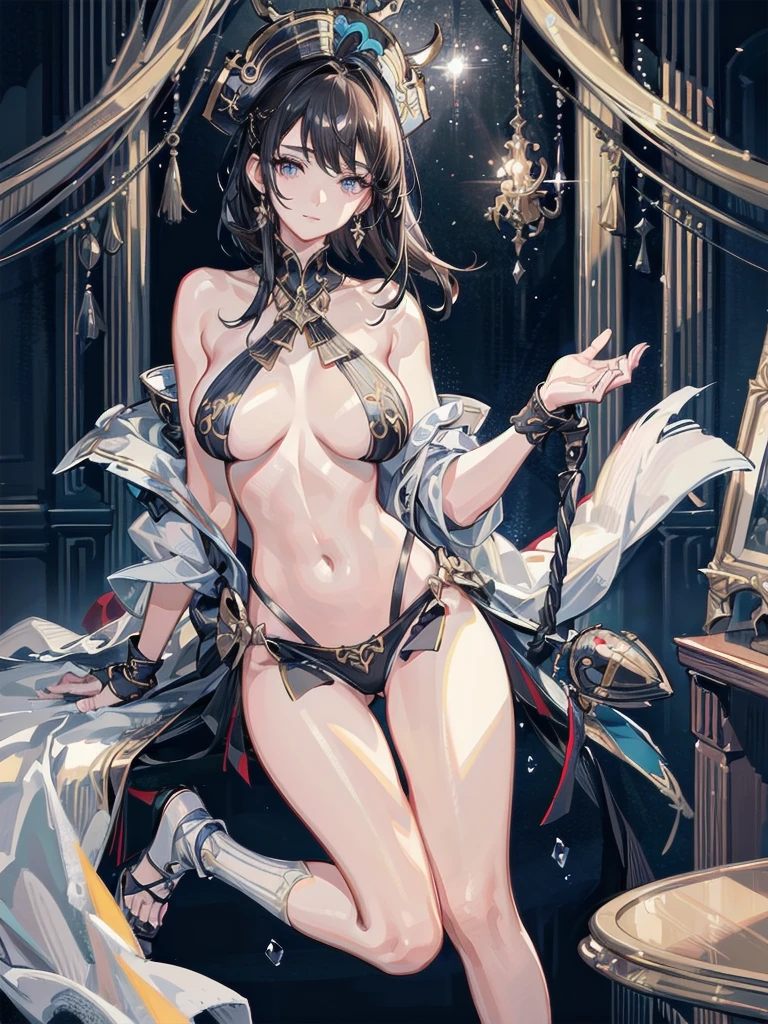 absurdres, RAW photo, extremely delicate and beautiful, masterpiece, Best Quality, ultra high resolution, 32k, hyperrealistic, ultra-detailed, perfect anatomy, anatomically correct, perfect figure, Perfect Style, Perfect balance, super Detailed skin, in her 30s, very Slim body, narrow waist, very small head, very small face, delicate facial features, handsome detailed woman, very detailed eyes and face, realistic face proportions, Realistic beautiful face, Realistic beautiful eyes, tearful mole, earring, very huge round tits, full body shot, bare legs, medium hair, indoor, a legendary pirate, tricorn hat, flintlock pistol, cutlass sword,