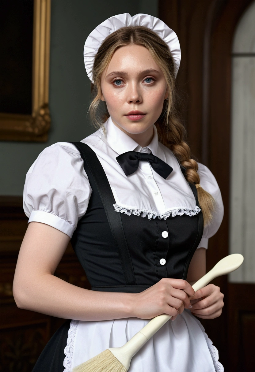 ((high resolution)), athletic, defined muscles, ((pale skin)), freckled, elizabeth Olsen wearing french maid uniform, in the style of William-Adolphe Bouguereau