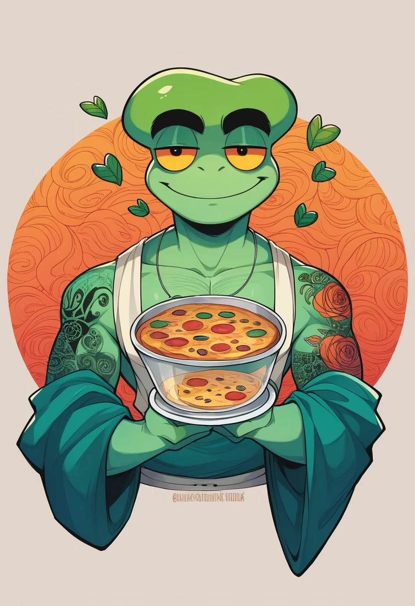 A vivid and surreal illustration featuring Pepe the Frog in an extravagant kitchen setting. The character dons a luxurious robe adorned with marijuana leaf patterns, revealing his toned and tattooed physique. He is in the process of making a unique pizza topped with "froppies," using a spoonful of milk as a topping. The kitchen is filled with colorful jars, utensils, and an abstract painting, creating a dynamic and eclectic atmosphere. The artwork masterfully merges meme culture and psychedelic art styles, resulting in a visually captivating and imaginative scene.