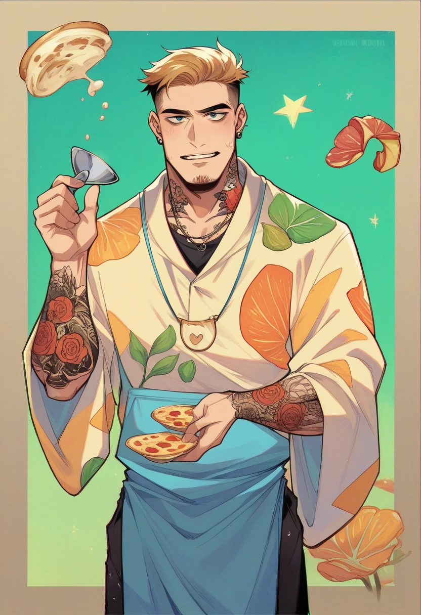 A vivid and surreal illustration featuring Pepe the Frog in an extravagant kitchen setting. The character dons a luxurious robe adorned with marijuana leaf patterns, revealing his toned and tattooed physique. He is in the process of making a unique pizza topped with "froppies," using a spoonful of milk as a topping. The kitchen is filled with colorful jars, utensils, and an abstract painting, creating a dynamic and eclectic atmosphere. The artwork masterfully merges meme culture and psychedelic art styles, resulting in a visually captivating and imaginative scene.