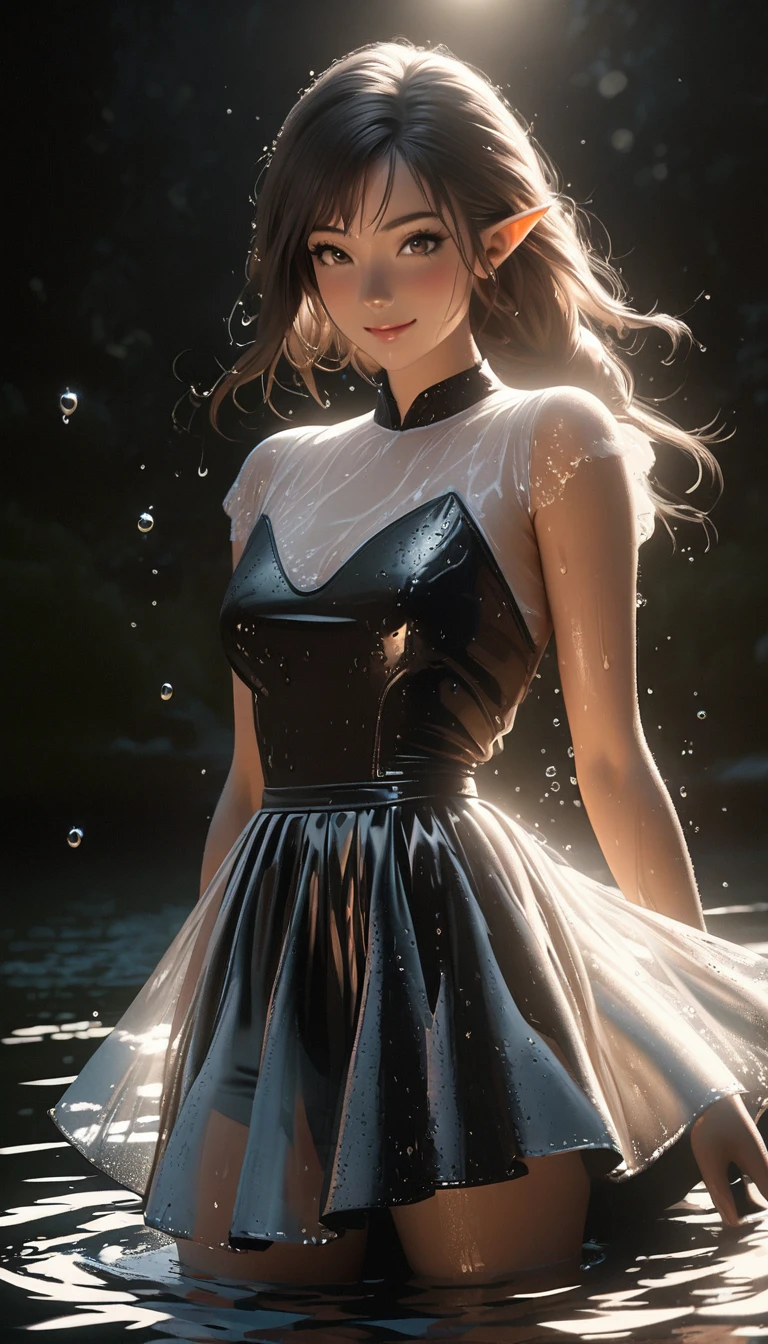 dark night，beautiful elf，Beautiful，tulle skirt，Smile，bust，moonlight，lake water，wet，water droplets，transparent，black background，Real light and shadow contrast，Realistic ray tracing，True light falloff，anti-aesthetic style，Poodlepunk，Snapshot aesthetic style 