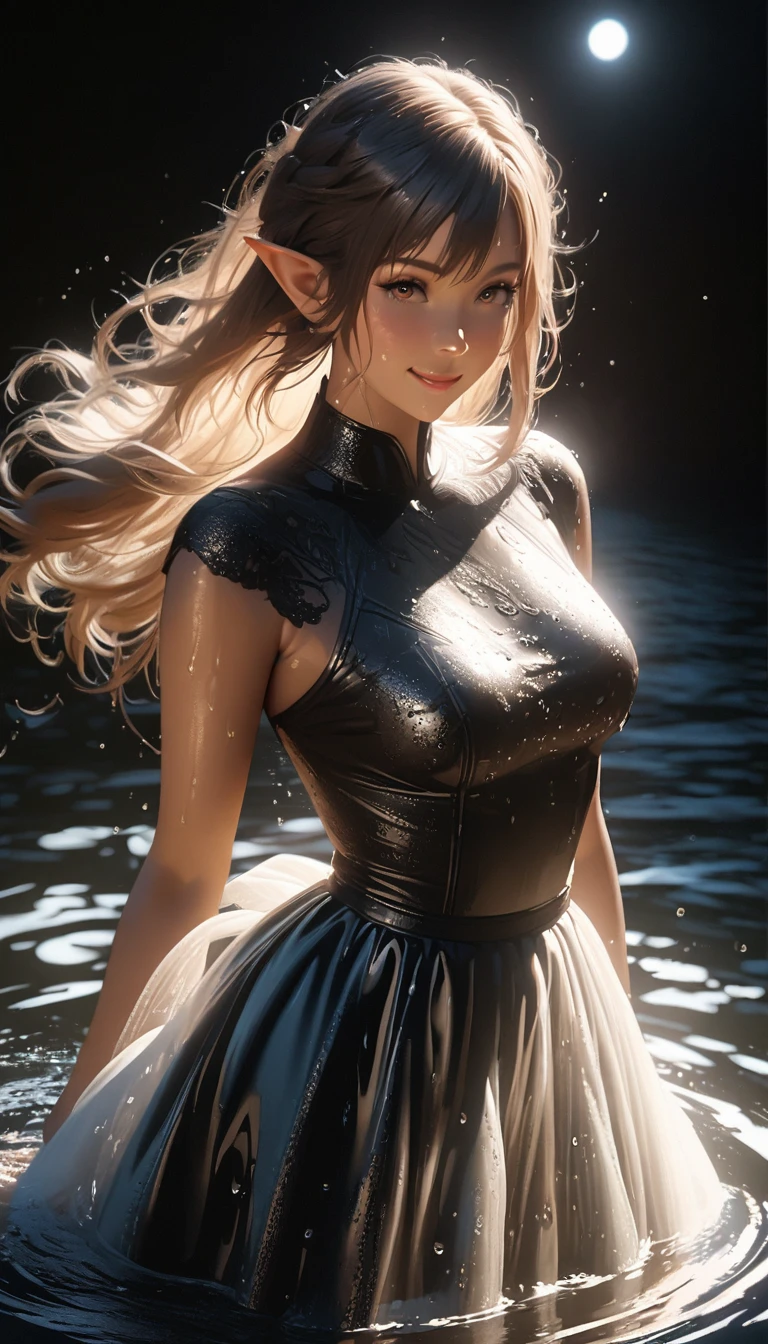 dark night,beautiful elf,Beautiful,tulle skirt,Smile,bust,moonlight,lake water,wet,water droplets,transparent,black background,Real light and shadow contrast,Realistic ray tracing,True light falloff,anti-aesthetic style,Poodlepunk,Snapshot aesthetic style