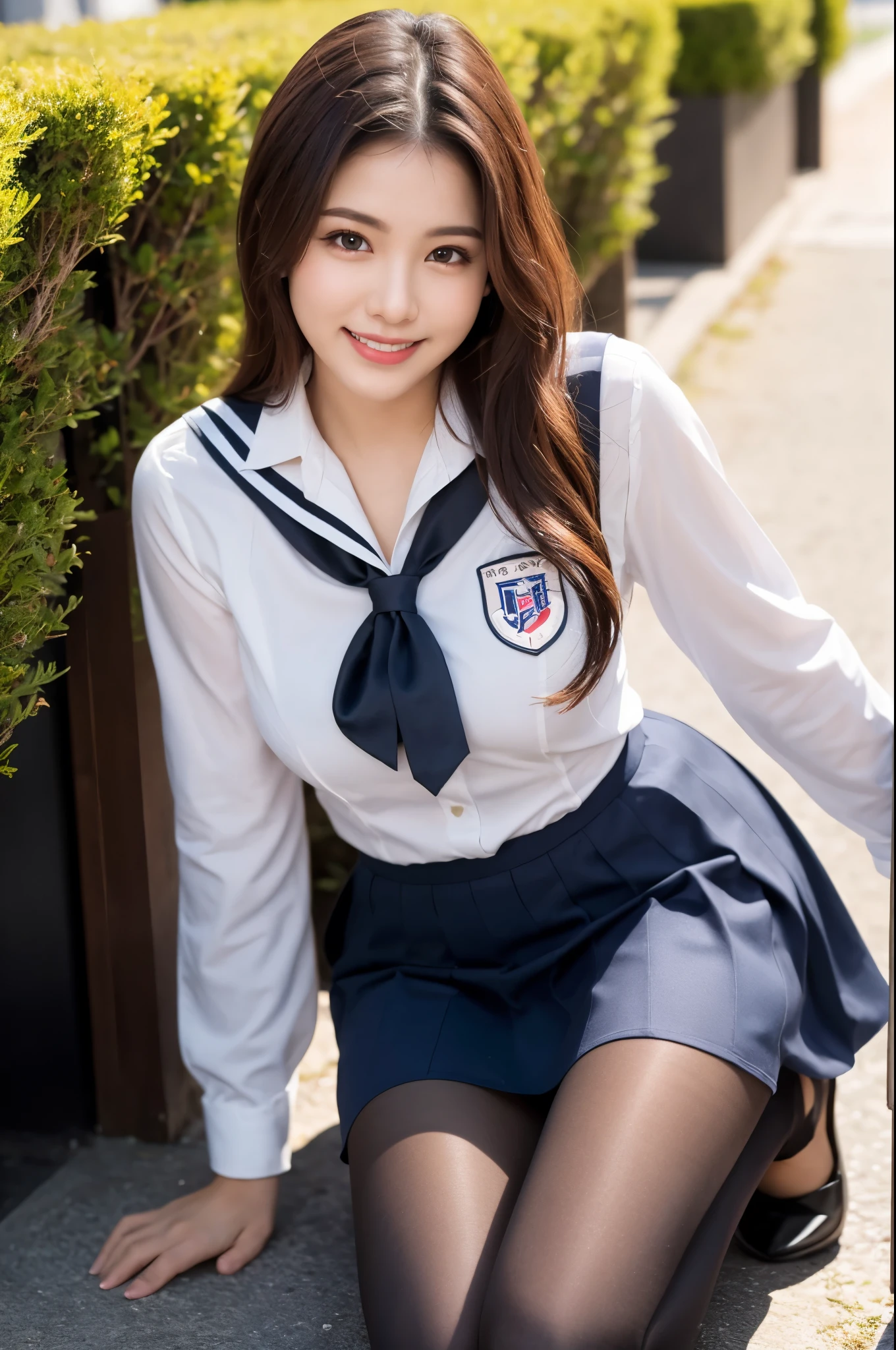 Super realistic in summer uniform, 17-year-old girl、Seraphim、seifuku, Colored Sailor Uniform, Japan , A seductive smile、Skirt and thighs、Sitting on the turf、Sitting, (Wearing pantyhose、Ultra-realistic pantyhose)、RAW Photos, (In 8K、Highest quality、masterpiece:1.2)、(Intricate details:1.4)、(Photorealistic:1.4)、Octane Rendering、Complex 3D rendering with ultra-detail, Studio Soft Light, Rim Light, Vivid details, Super Detail, Realistic skin texture, Highly detailed CG Unity 16k wallpaper, compensate, (Detailed Background:1.2), Glowing Skin、looked back、Exposed thighs!!!、