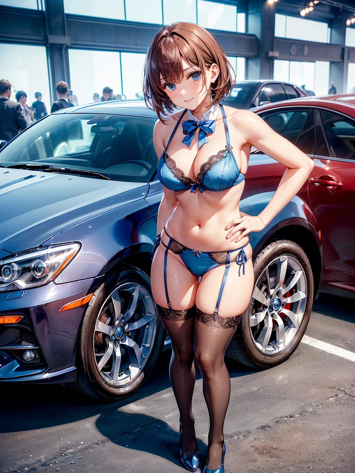 (((masterpiece, Highest quality, High resolution, 超High resolution, Perfect Pixel, Depth of written boundary, 4K, RTTX 10.0))), Beautiful Anime Woman, Beautiful art style, Anime characters, ((Smooth texture, Realistic texture, Anime CG Style)), Perfect and accurate finger count、Exact number of legs、(Exact number of arms:1.0, Exact number of hands:1.0), (Perfect hands, Perfect Anatomy), Cinematic, Realistic, Extremely detailed CG, Daytime lighting, Perfect lighting, Best Shadow, The best natural light, A separate, precisely shaped car, whole body, Perfect body, バランのとれたPerfect body, Perfectly balanced style, Slender body, ((bangs, Reddish brown hair, Bobcut)), ((A cute adult woman is standing in a sexy pose while leaning against a car:1.8)), ((Bow tie around neck:1.3), (Sexy and cute blue underwear:1.3), (Stylish shiny blue satin panties, Side-tie panties, Panties with plain blue center and lace decoration on the sides:1.3), (Thin panties:1.3), (Blue micro lace satin bra, Blue bra with lace trim, Thin bra:1.3), (garter belt, Garter Strings, Knee socks:1.3):1.3), (Beautiful big , Cleavage:1.1), (Embarrassed expression:1.7), blush, (motor Show, Car Events, Many visitors in the background, A crowded venue, Many event staff, A show car on display in the background, indoor:1.7), naked, In underwear, Panties and bra only, Angle from the front