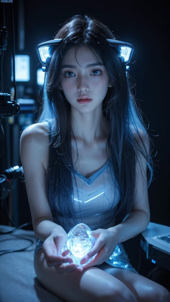 Masterpiece, 32K, UHD, RAW,(looking at camera), master's work, complete figure, focusing on calves, 18 years old, wearing transparent science fiction clothes, exquisite faces, details, hands, ultimate details, amazing magnificent, LED internal lighting, Cyberpunk style, fiber fiber hair , Glowing blue iris,