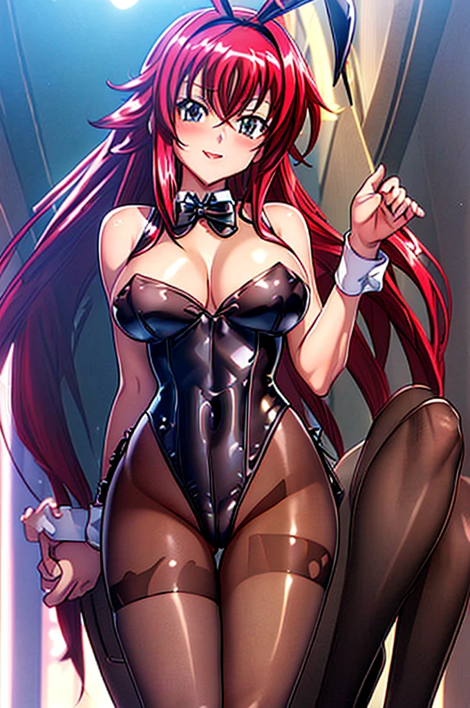 ((masterpiece, best quality)), ((16k)), ((hd, anime)), ((dynamic light)), ((delicate beautiful face)), (((delicate and beautiful))), cowboy shot, facing viewer, looking at viewer, standing, arms behind back, anime girl wearing playboy bunny, 1girl, light blush, seductive smile, collarbone, navel, cleavage, red hair, bare legs, large breast, rias gremory, dxd, big ass, ponytail, perfect body,large chest, perfect chest,large hips, perfect hips,(((fake anime ears, bunny ears, bunny outfit, black leotard, wrist cuffs, black pantyhose))), (black bowtie:1.5), black stiletto heels, indoors, (((luxurious bar scenery)))