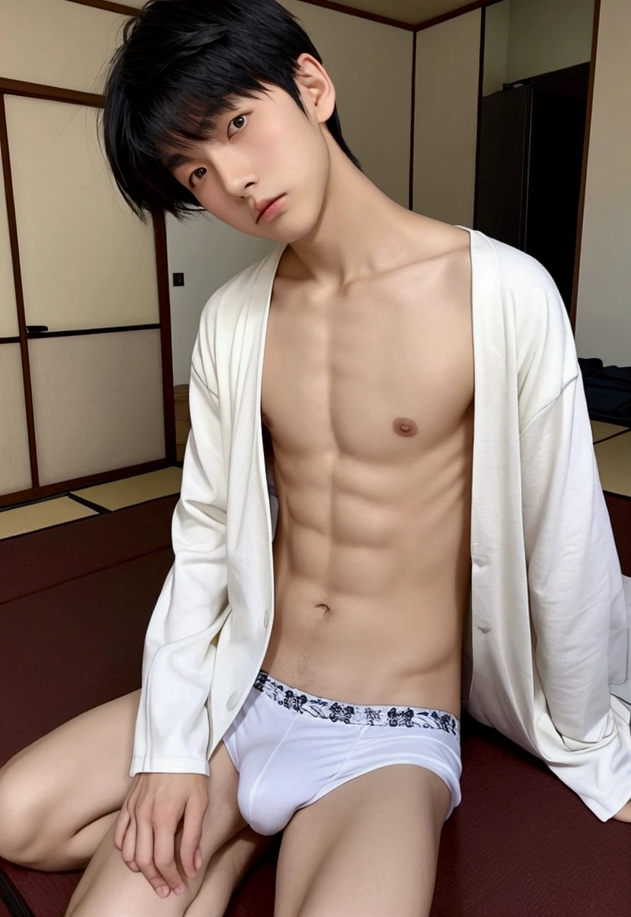 One boy、Beautiful Boy、18-year-old、Japanese Boy、Beautiful Boy、Black Hair、Tatami room、White briefs、slouch