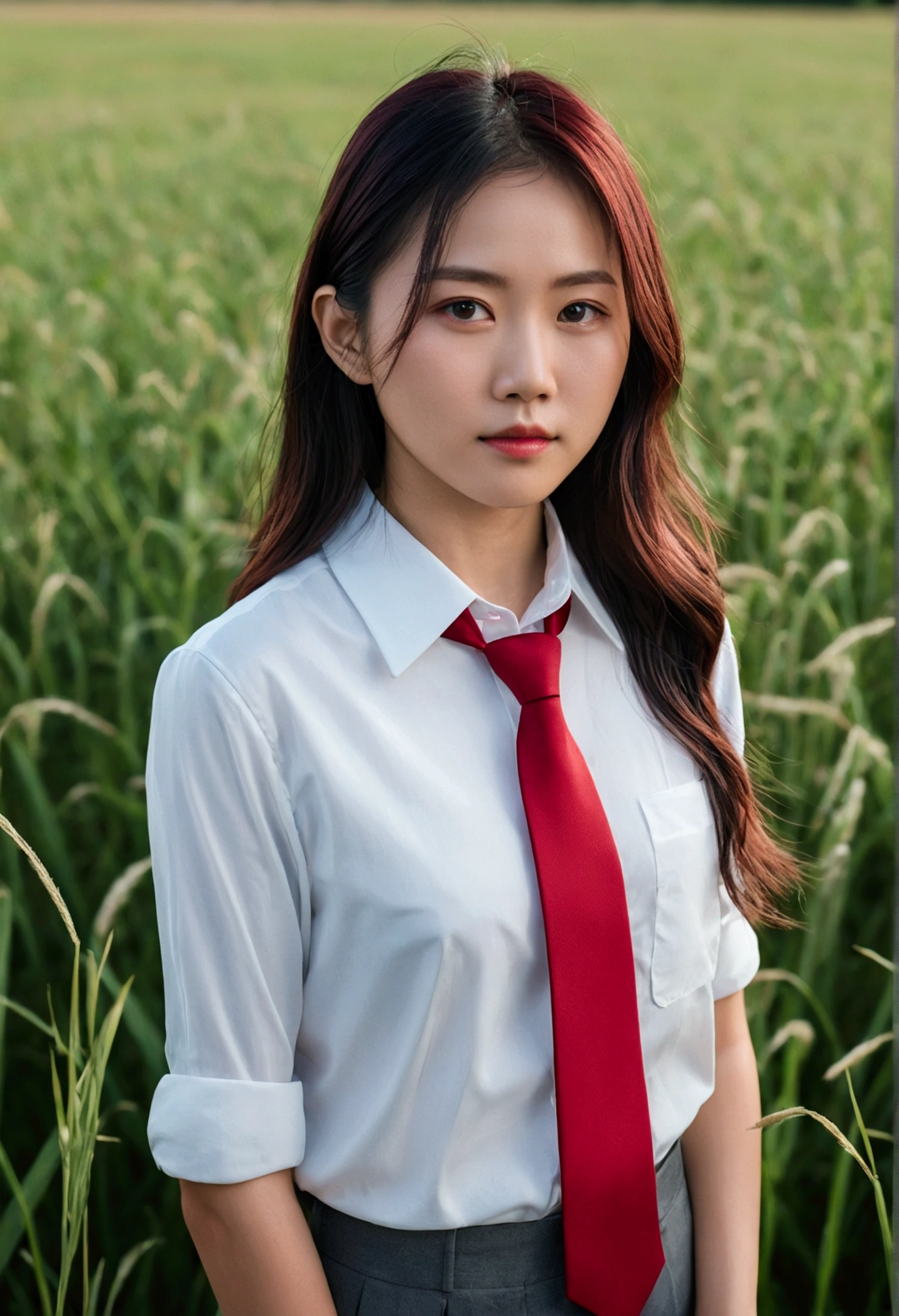 A woman in a red tie is standing in a field, soft Portrait Shot 8k, Young Asian Woman, Photographed with Canon EOS R5, Shot with Canon EOS R 5, Shot with Canon EOS 5D Mark IV, Portrait Shot 8k, Shot with a Canon 5D MK4, Shot on Sony Alpha 9, Portrait of a Japan ager