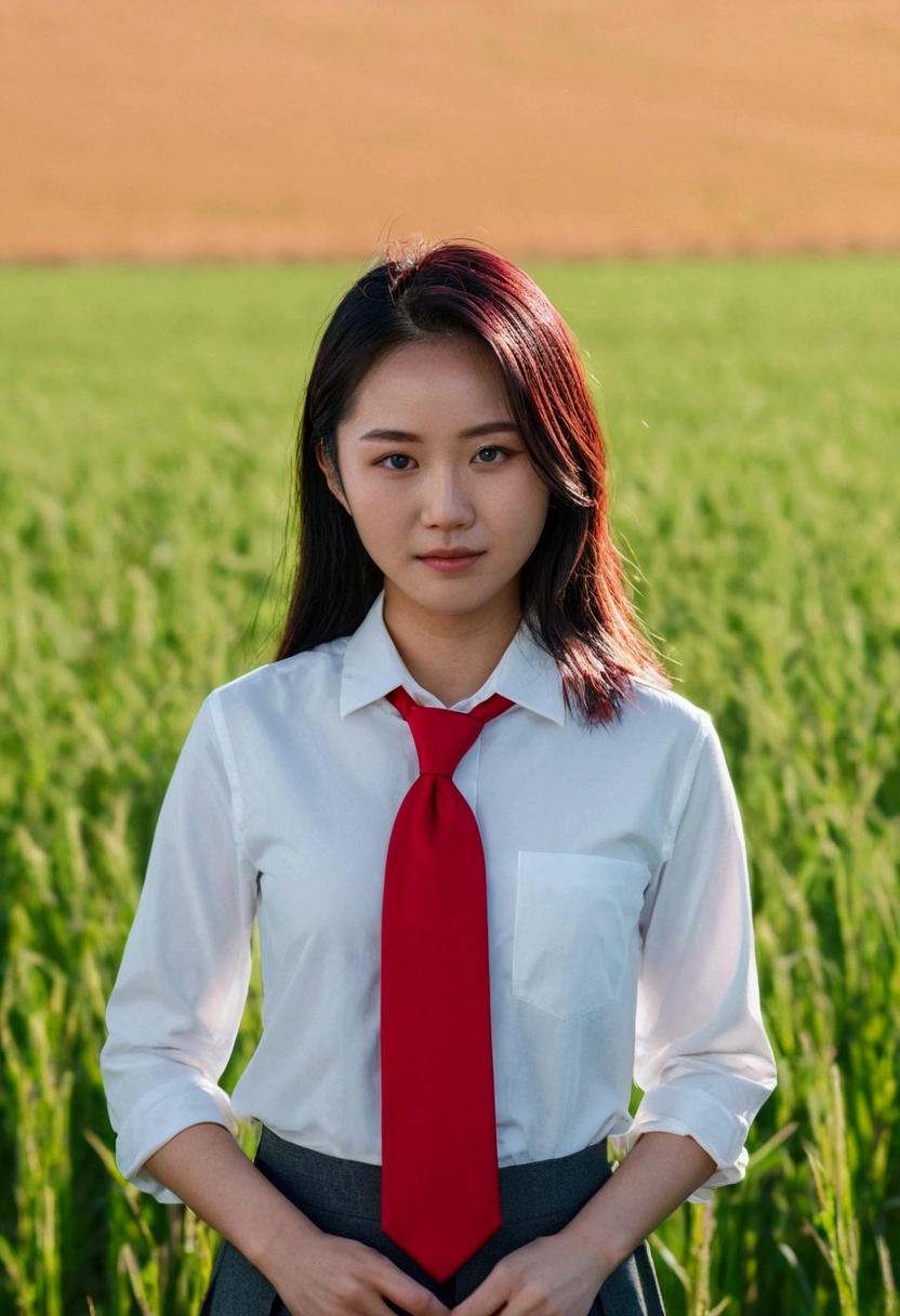 A woman in a red tie is standing in a field, soft Portrait Shot 8k, Young Asian Woman, Photographed with Canon EOS R5, Shot with Canon EOS R 5, Shot with Canon EOS 5D Mark IV, Portrait Shot 8k, Shot with a Canon 5D MK4, Shot on Sony Alpha 9, Portrait of a Japan teenager