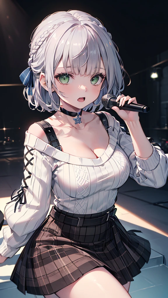 (best quality:1.2), (ultra detailed:1.2),(masterpiece:1.2),(8k:1.2),(ccnoel, short hair, french braid, hair ribbon, green eyes, black choker, collarbone, cleavage, off-shoulder sweater, white sweater, plaid skirt),(Blessed,Captivating body、Ultra-detailed eyes、Ultra-detailed skin、ultra-detailed face,Detailed Background),One Girl、(singing:1.5)