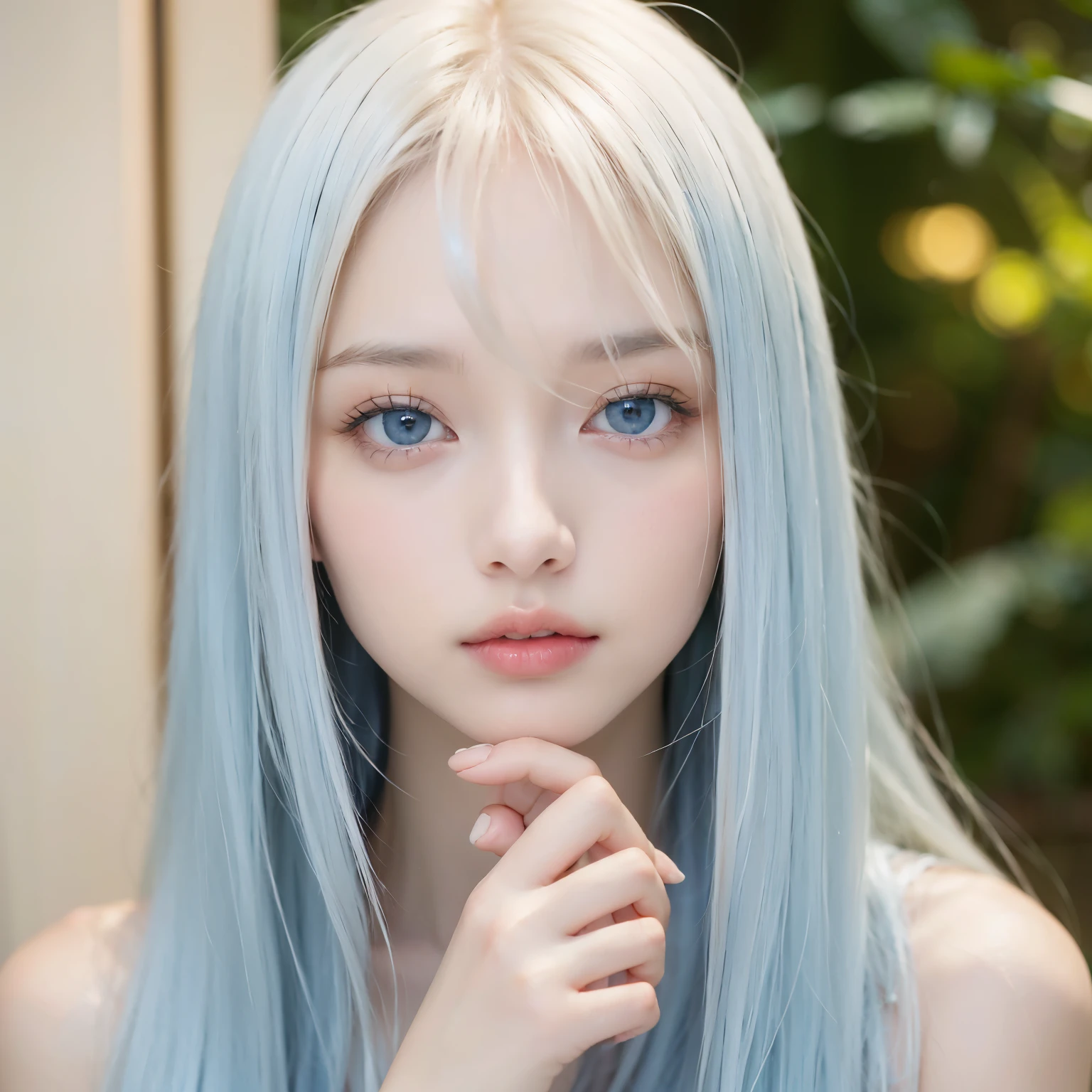 A woman with incredibly long golden shiny platinum blonde hair and pale blue eyes is taking a photo., very long hair between the eyes、Bangs that tickle the tip of your nose、gorgeous young model, Portrait of Sophie Mudd, beautiful 여성 모델, 새하얀 beautiful 피부、shiny skin、a cute young woman, 아주 beautiful 젊은 여자, beautiful 모델의 초상화, beautiful , beautiful 젊은 여자, beautiful 여인의 사진, your face is perfect, 14 year old female model, beautiful 젊은 얼굴, beautiful 금발 소녀