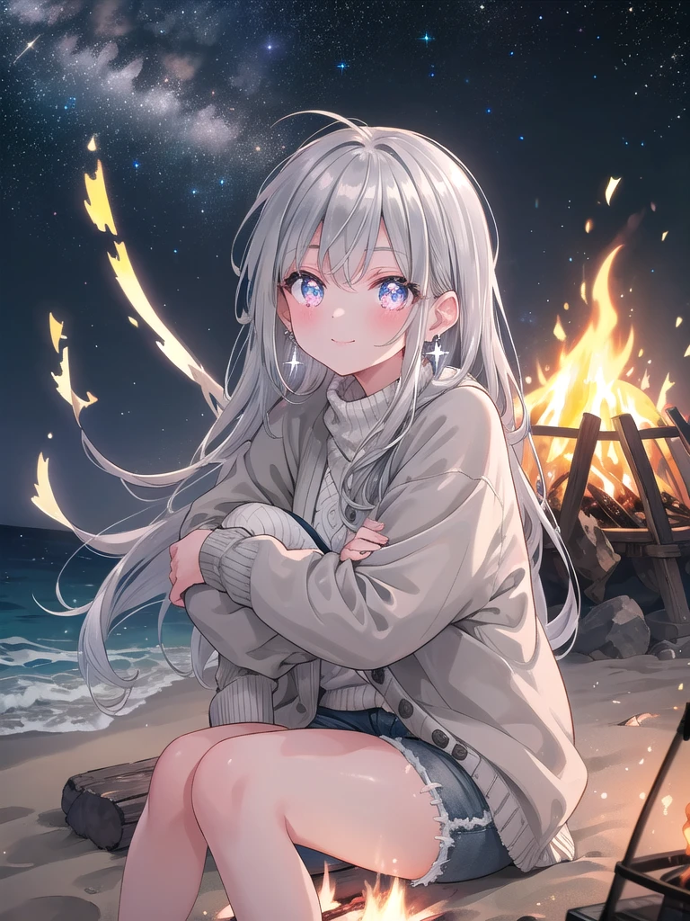 ((8k, best quality, master piece: 1.3)),super high resolution,(1 girl, solo), (colorshift eyes, hyperdetailed, expressive sparkling, glitter, glowing eyes), ultra detailed eyes, ultra-detailed face, random hair, ((silver gray color)), In Campfire on the Beach at Night, a silver-haired woman wearing a thick cardigan and denim shorts is sitting in front of a campfire on the beach at night, hugging her knees and smiling as she looks up at the starry sky. Her expression is calm and relaxed, and her silver earrings and bracelet shine subtly in the campfire light.