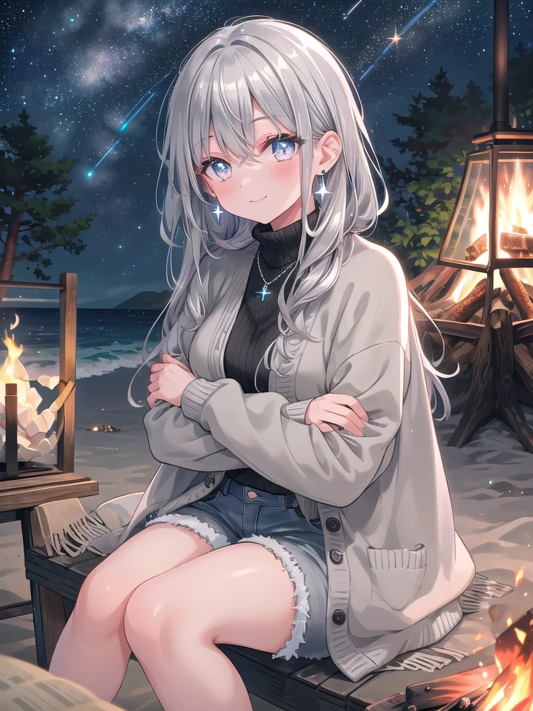 ((8k, best quality, master piece: 1.3)),super high resolution,(1 girl, solo), (colorshift eyes, hyperdetailed, expressive sparkling, glitter, glowing eyes), ultra detailed eyes, ultra-detailed face, random hair, ((silver gray color)), In Campfire on the Beach at Night, a silver-haired woman wearing a thick cardigan and denim shorts is sitting in front of a campfire on the beach at night, hugging her knees and smiling as she looks up at the starry sky. Her expression is calm and relaxed, and her silver earrings and bracelet shine subtly in the campfire light.