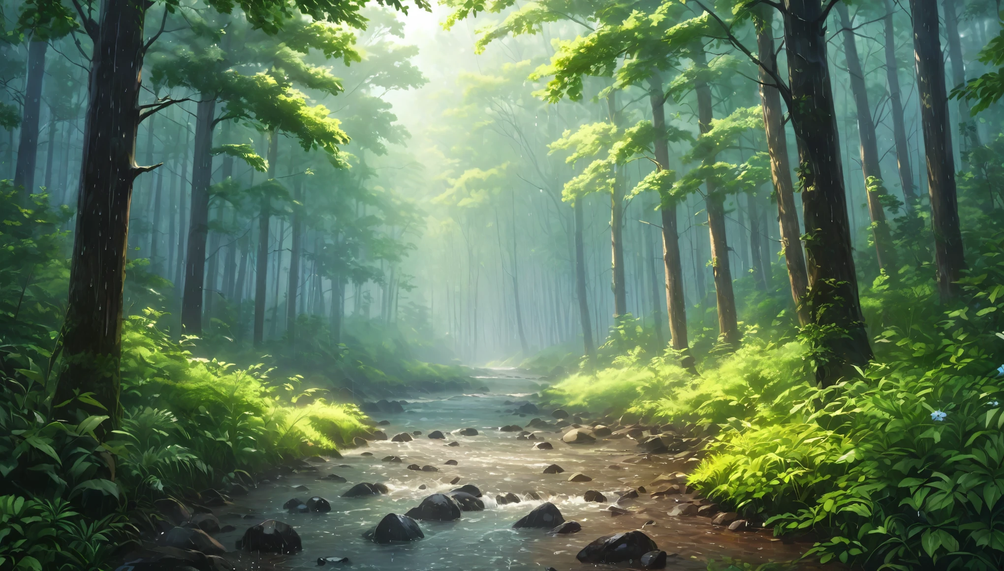 early summer,forest,heavy rain,Rich in nature,Highest quality, 8k, High resolution, masterpiece:1.2, Very detailed, Realistic:1.37, High resolution, 超High resolution, Very detailed, Professional, Vibrant colors
