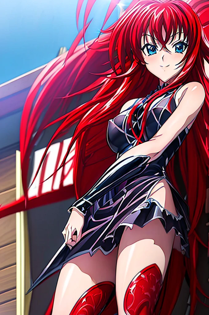 ((master piece)) , (High School DxD) , ((Rias Gremory)) , (red hair) , (long hair) , (blue eyes) , (detailed art style) , (highly detailed) , (finely detailed) , (beautiful girl) , ((photo realistic)) , latex dress , light smile, outdoors, ,ltxdr3ss