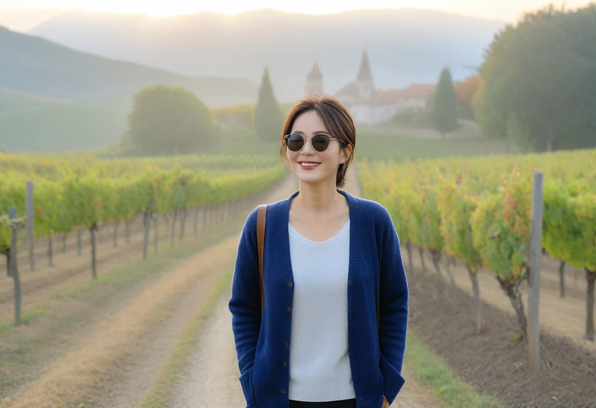 8k best picture quality, Beautiful 36-year-old Korean woman, Chest size 34 inches, Dawn in the early autumn countryside in northern Italy, View of the cathedral next to the vineyards, The back background is realistic and vivid quality., short medium hair, shirts and cardigans, Wear casual pants, Smile slightly. the background is clear, look up to the side., tree-lined path, Looking at the vineyard covered in thick fog, Wearing thick horn-rimmed sunglasses, Secret sunglasses expression