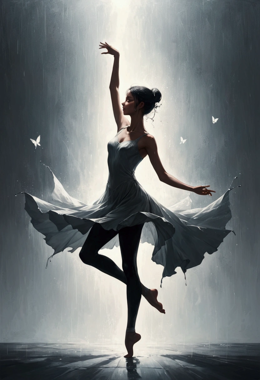 ,The soul dancer dancing alone in the rain，Barefoot，Loose and worn clothes，Professional ballet movements，Fingertips 1 butterfly，Very contagious，Splash，Light and Shadow，Minimalism，artistic conception，Clean background