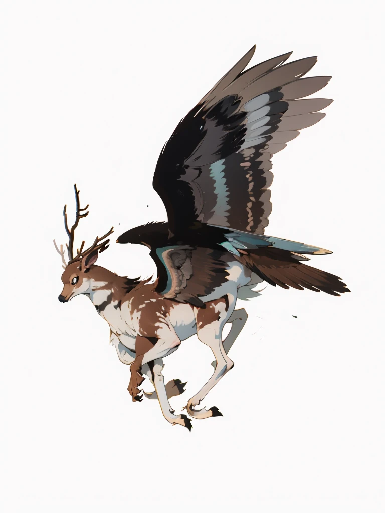 Magical creature, character sheet, hawk head with deer antlers, deer body, beautiful wings, high detail.