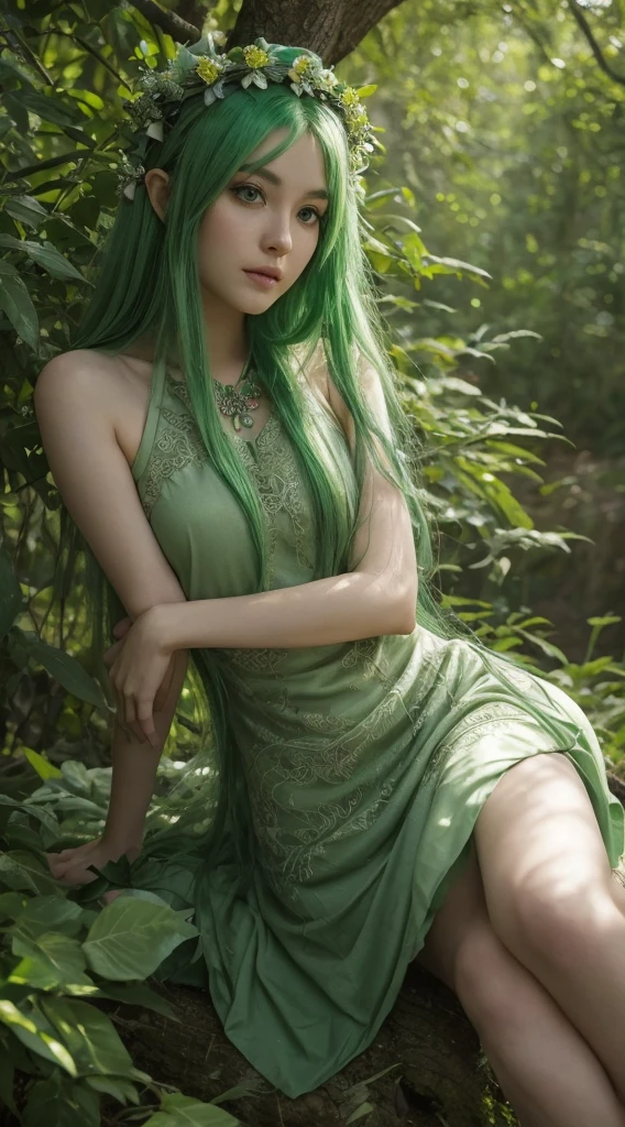 arafed woman with green hair and a flower crown sitting on a tree, green flowing hair, very beautiful elven top model, long green hair, green dress, green hair, anime girl in real life, in green forest, light green tone beautiful face, green mane, soft green natural light, ig model | artgerm, dark green hair, some green