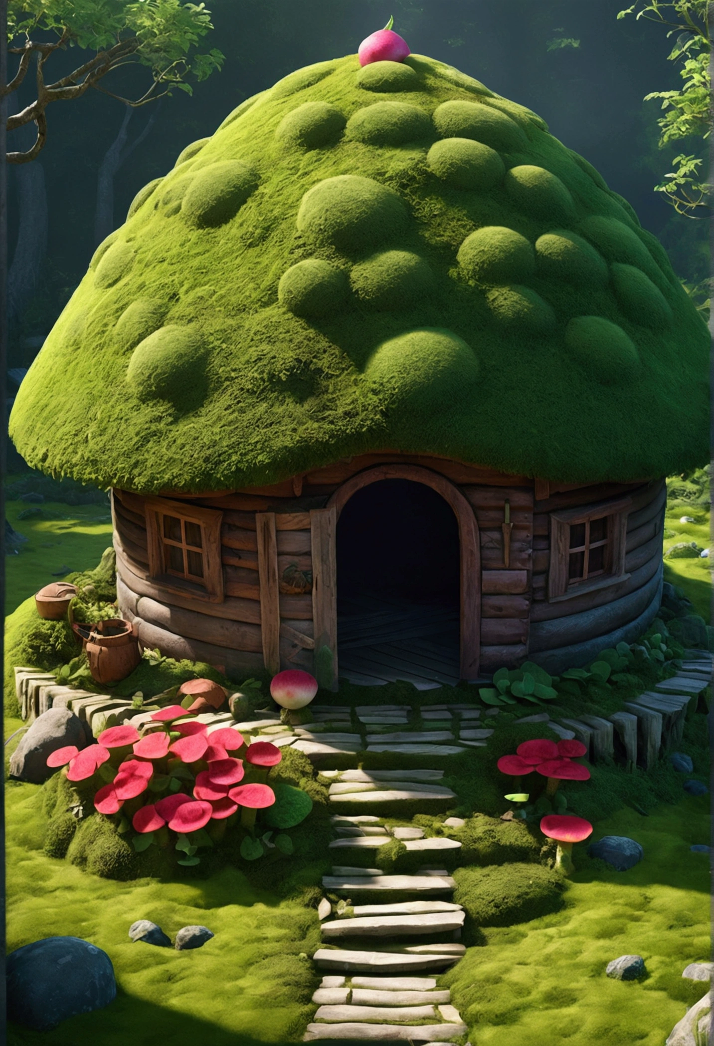 masterpiece, Highest quality, (Very detailed CG unity 8k wallpaper), (Highest quality), (Best illustrations), (Best Shadow), A round radish hut covered with moss, Isometric 3D , Octane Rendering, Ray Tracing, Very detailed