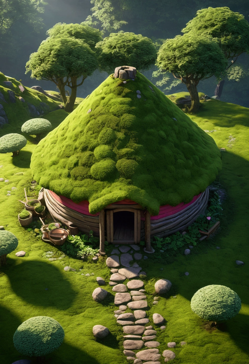 masterpiece, Highest quality, (Very detailed CG unity 8k wallpaper), (Highest quality), (Best illustrations), (Best Shadow), A round radish hut covered with moss, Isometric 3D , Octane Rendering, Ray Tracing, Very detailed