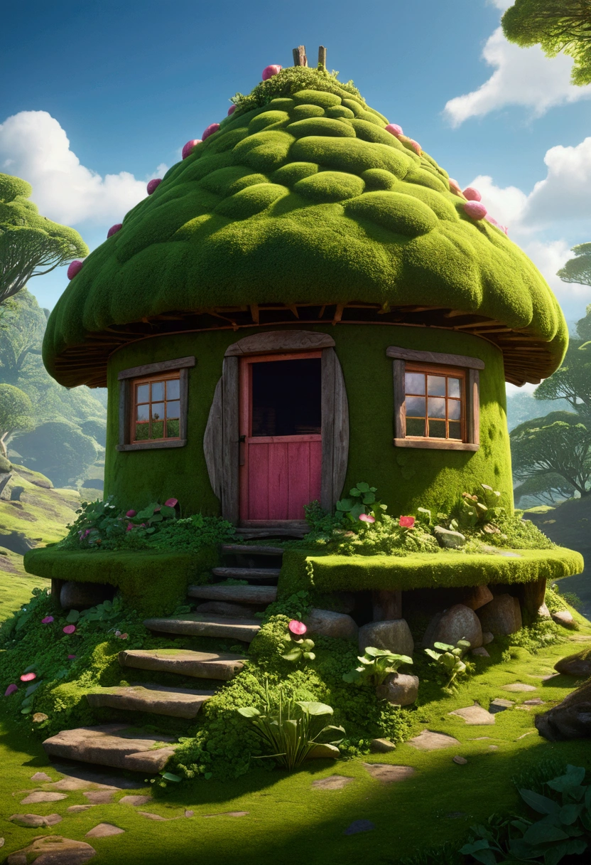 masterpiece, Highest quality, (Very detailed CG unity 8k wallpaper), (Highest quality), (Best illustrations), (Best Shadow), A round radish hut covered with moss, Isometric 3D , Octane Rendering, Ray Tracing, Very detailed
