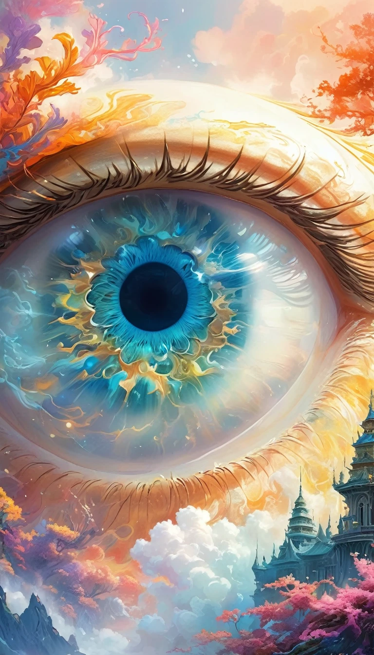 high-resolution, ultra-detailed illustration of an extreme close-up of a fantastical eye, surrounded by swirling clouds. the eye is depicted with mesmerizing detail, featuring intricate patterns and vivid colors that evoke a sense of magic and mystique.the clouds form a dreamy backdrop,with wisps of mist and ethereal light adding to the surreal atmosphere.the composition exudes a sense of wonder and enchantment, inviting viewers into a world of fantasy and imagination. professional illustrator,digital painting, 4k resolution,captivating depiction of fantasy and clouds., watercolor, trending on artstation, sharp focus, studio photo,intricate details, highly detailed, by greg rutkowski