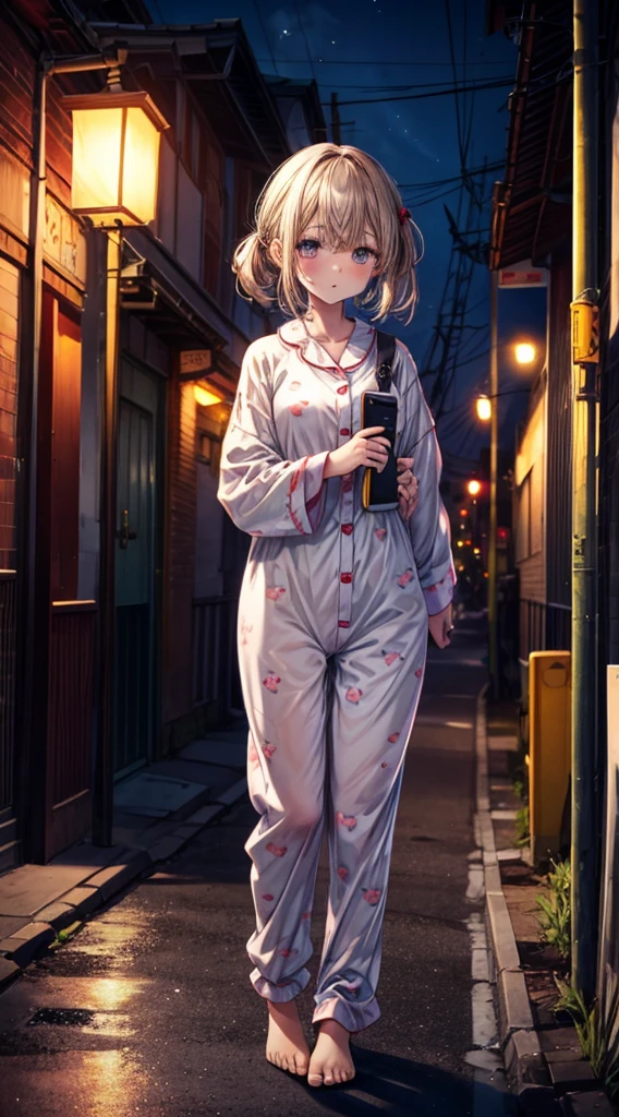 Girl in Pikachu costume pajamas,Dark Night Road,telephone pole,Standing under a street lamp,Sleepy eyes,Distant position,