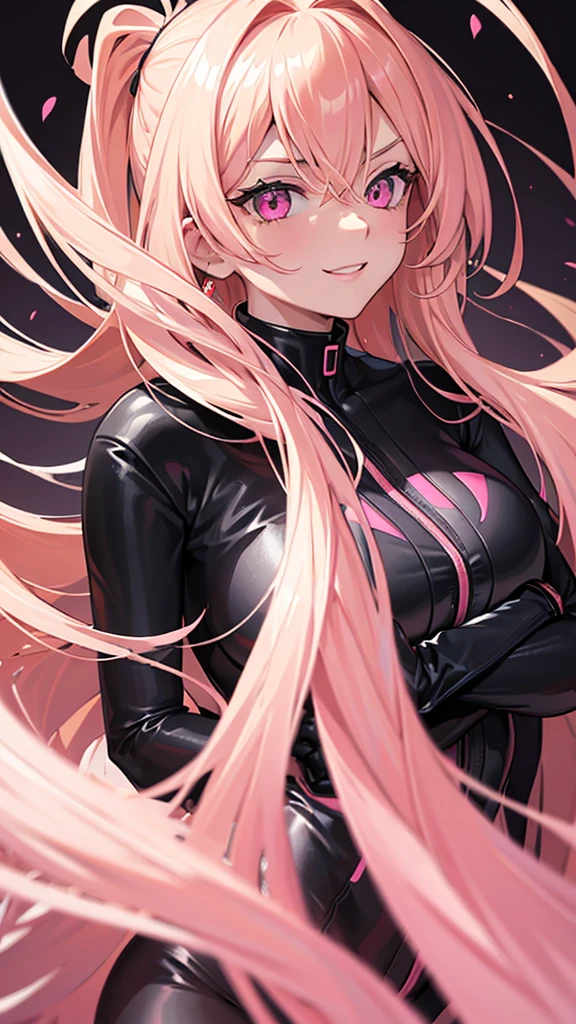 (((Adult woman))), pink eyes, long blonde hair, black-pink plug suit, smirk, attack