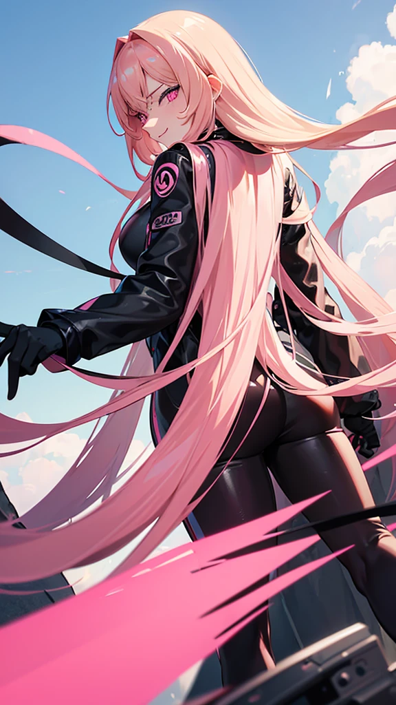 (((Adult woman))), pink eyes, long blonde hair, black-pink plug suit, smirk, attack