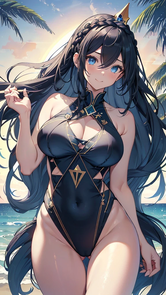 best quality, extremely detailed,anime style girl,long hair down to the waist, straight hair, ((dark black hair with bluish)),((crown braid)),beautiful detailed eyes, pinched eyes, (dark blue eyes),huge breasts,curvy,((((Mystical atmosphere transparency dressswimwear)))),clothing with complex patterns,smile,((((casual beach)))),Sunlight,((((Diagonal angle)))),dynamic angle,((active pose))