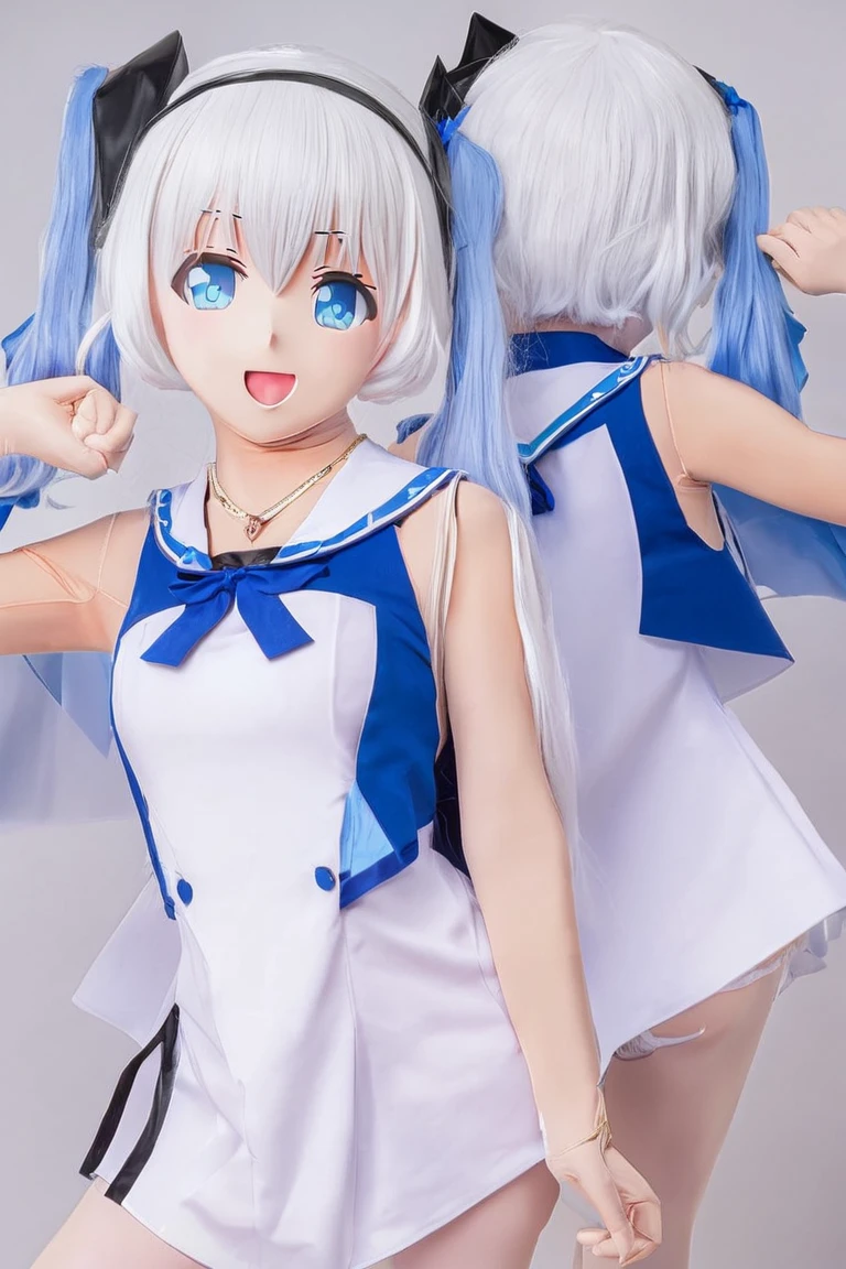 Low twin tails,Long Hair,bangs,blue eyes,White hair band,Hair behind the ear,White capelet,Triangle Earrings,jewelry,Blue clothes,uniform,Black Pantyhose,smile,Spread your arms,