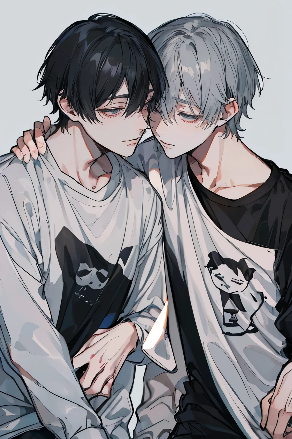 (Mastepiece), (Best Quality), Very detailed, ((Two men intimate:1.5)), Perfect Face, Beautiful Face, Very detailedな顔,(Upper body shot:1.3),(Black-haired man:1.3),(Grey-haired man:1.3)、T-Shirts、smile