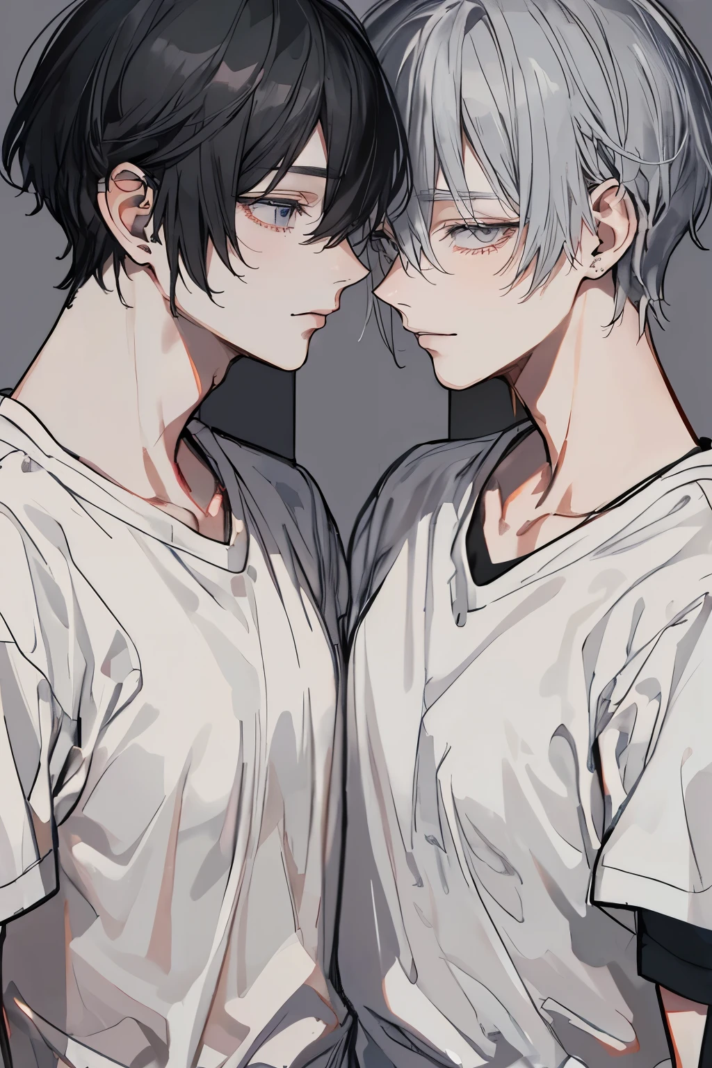 (Mastepiece), (Best Quality), Very detailed, ((Two men intimate:1.5)), Perfect Face, Beautiful Face, Very detailedな顔，(Upper body shot:1.3)，(Black-haired man:1.3)，(Grey-haired man:1.3)、T-Shirts、smile